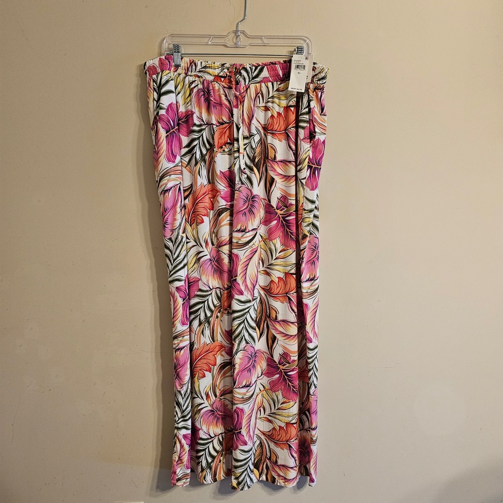 CeCe Wide Leg Pants Women XL New Ivory Tropical Leaf Print Drawstring NWT